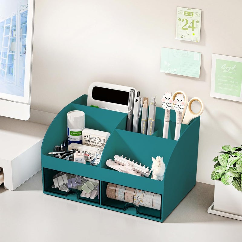 COMFYROOM Desk Organizer with 6 Compartments and 2 Drawers, Plastic Makeup Organizer, Pen Holder for Desktop Storage, Desk Organization for School, Home, Office Supplies (Dark Green) - Image 2